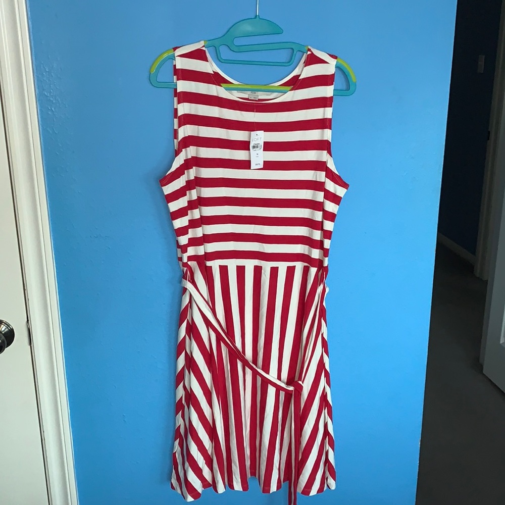 LOFT Plus Red & White Striped Fit and Flare Dress with Sash Belt in Size 14